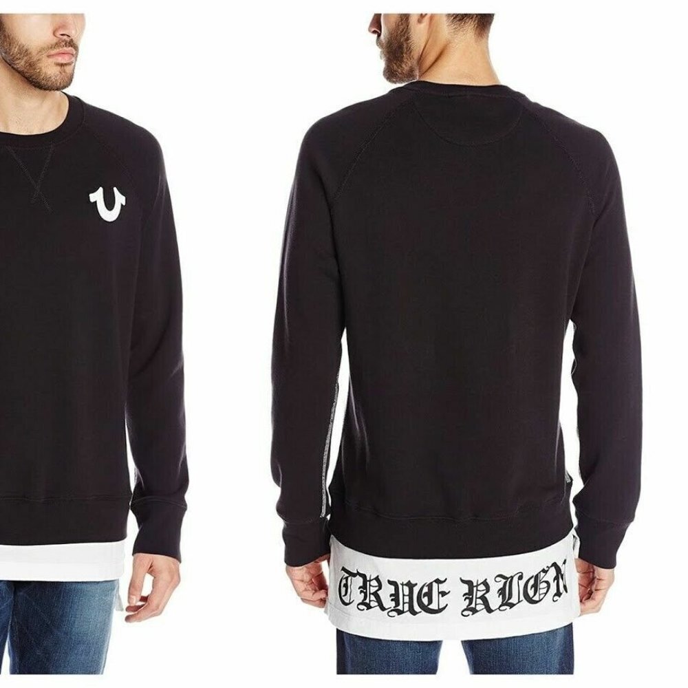 True Religion Men Jet Black Pull Over Raglan Sweatshirt W/Shirt Tail